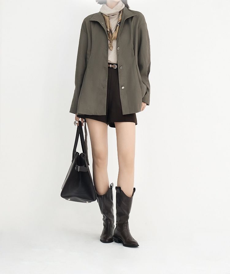 Stand Collar Plain Button Trench Jacket / High Rise Wide Leg Pants