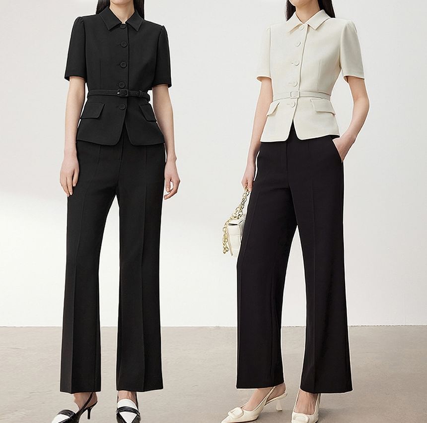 Short-Sleeve Plain Belted Button Jacket