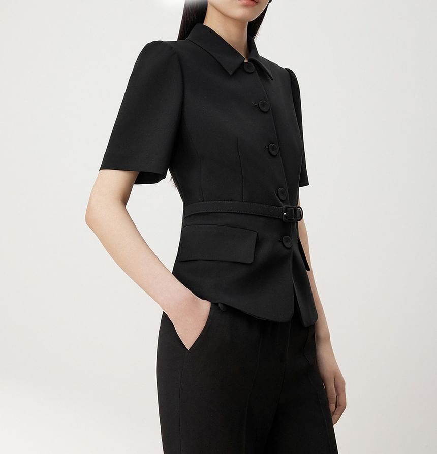 Short-Sleeve Plain Belted Button Jacket