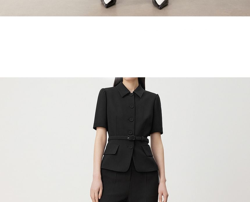 Short-Sleeve Plain Belted Button Jacket