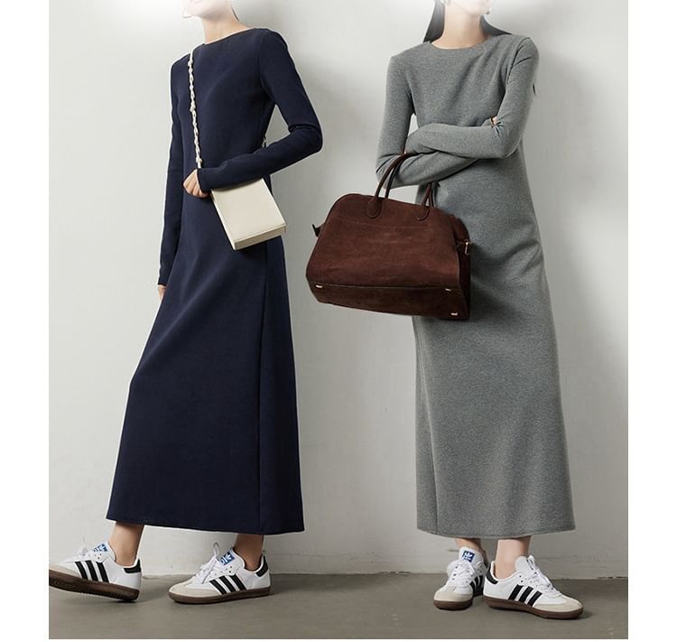 Long-Sleeve Round Neck Plain Midi A-Line Dress