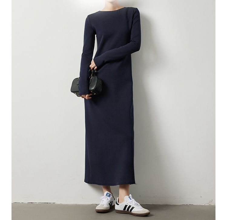 Long-Sleeve Round Neck Plain Midi A-Line Dress
