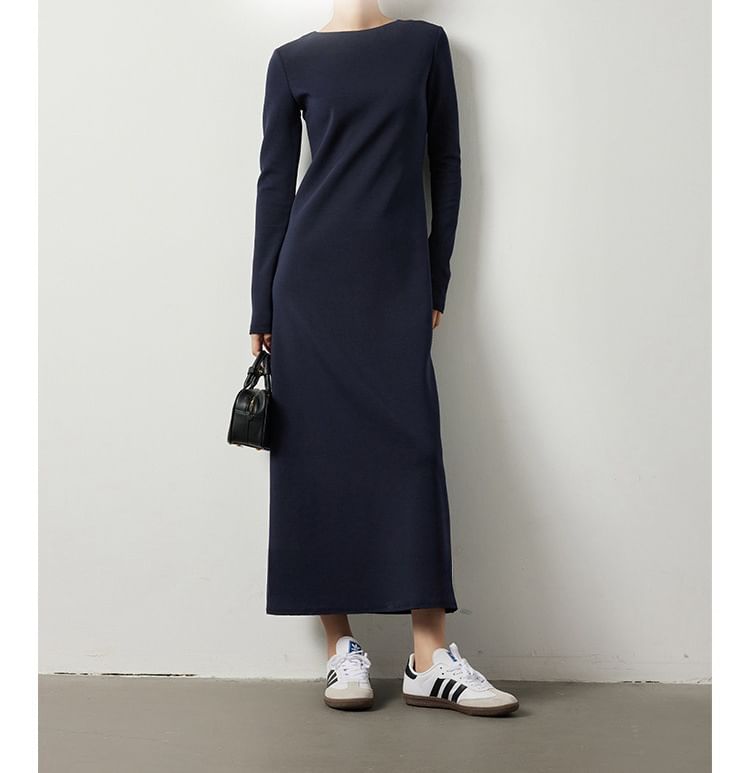 Long-Sleeve Round Neck Plain Midi A-Line Dress