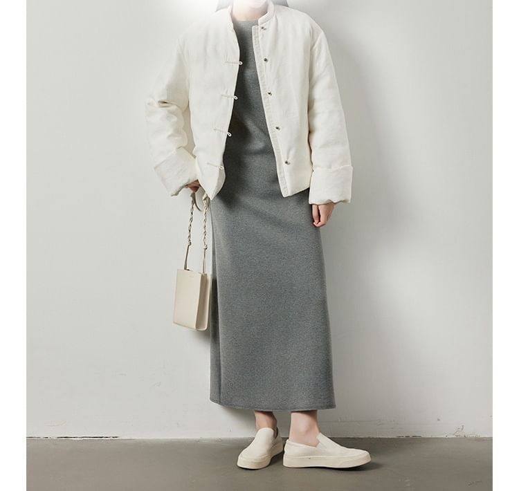 Long-Sleeve Round Neck Plain Midi A-Line Dress