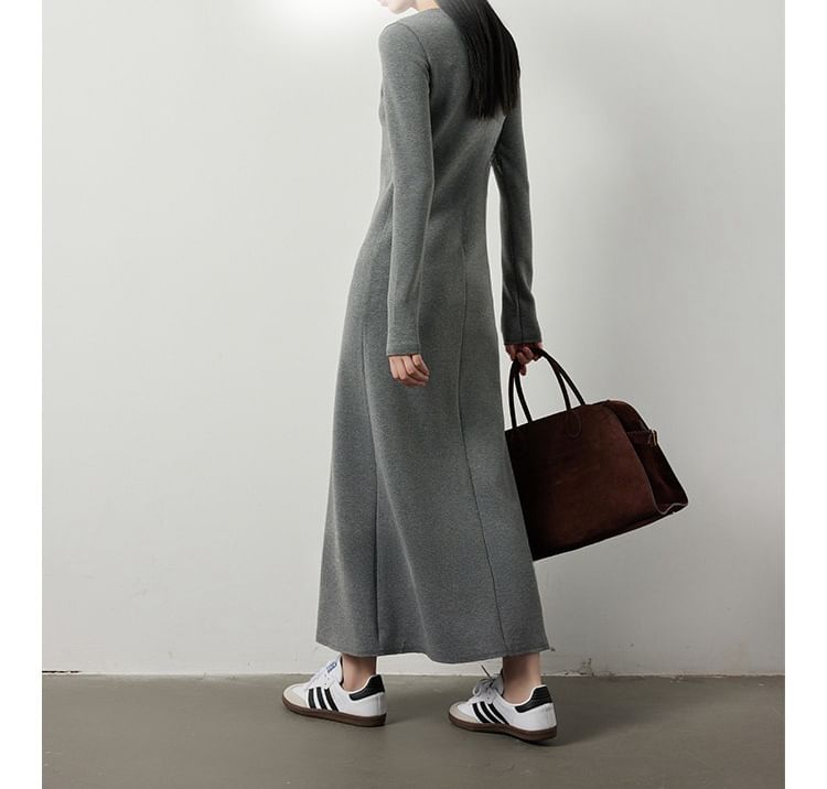 Long-Sleeve Round Neck Plain Midi A-Line Dress
