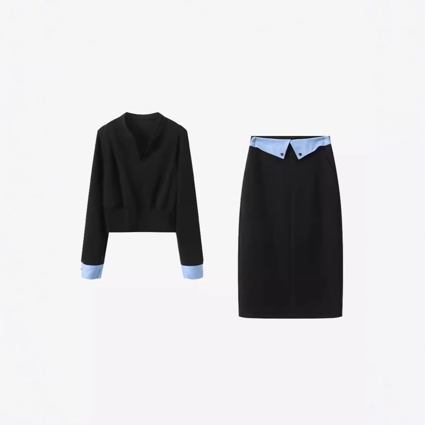 Mock Two-Piece Long-Sleeve V-Neck Two Tone T-Shirt / High Rise Midi Pencil Skirt