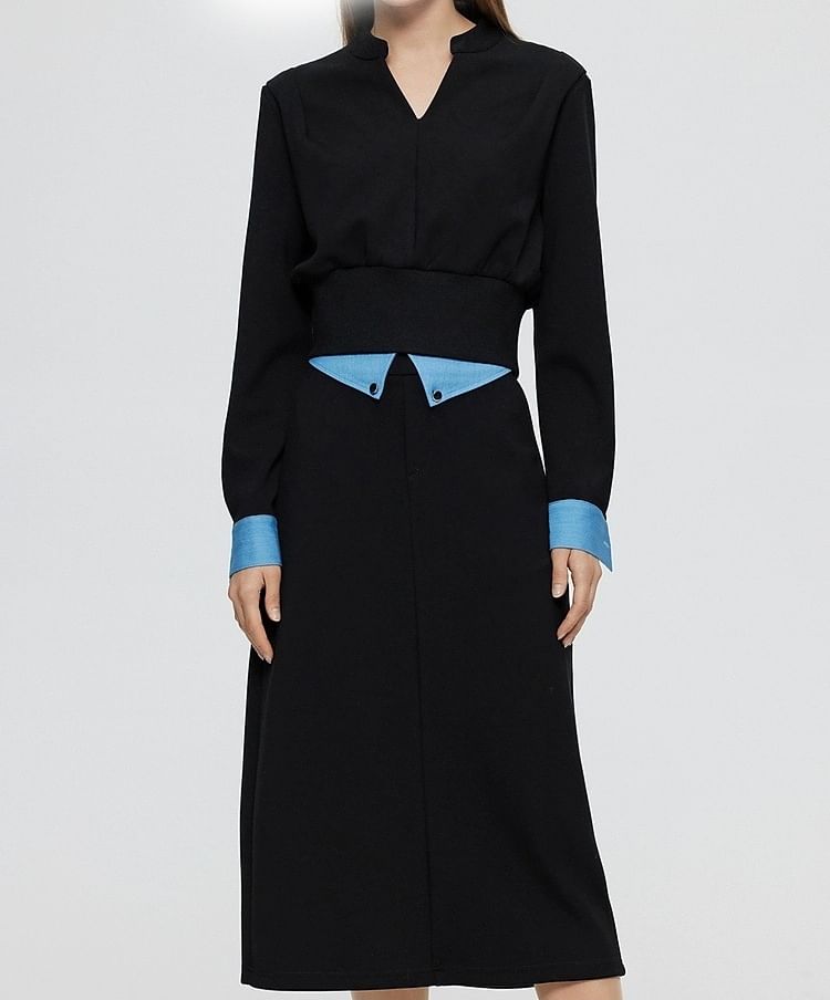Mock Two-Piece Long-Sleeve V-Neck Two Tone T-Shirt / High Rise Midi Pencil Skirt