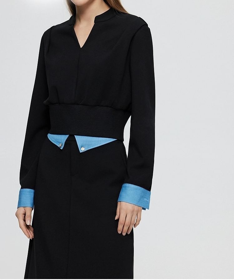 Mock Two-Piece Long-Sleeve V-Neck Two Tone T-Shirt / High Rise Midi Pencil Skirt