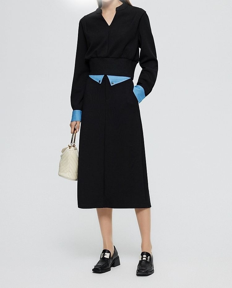Mock Two-Piece Long-Sleeve V-Neck Two Tone T-Shirt / High Rise Midi Pencil Skirt