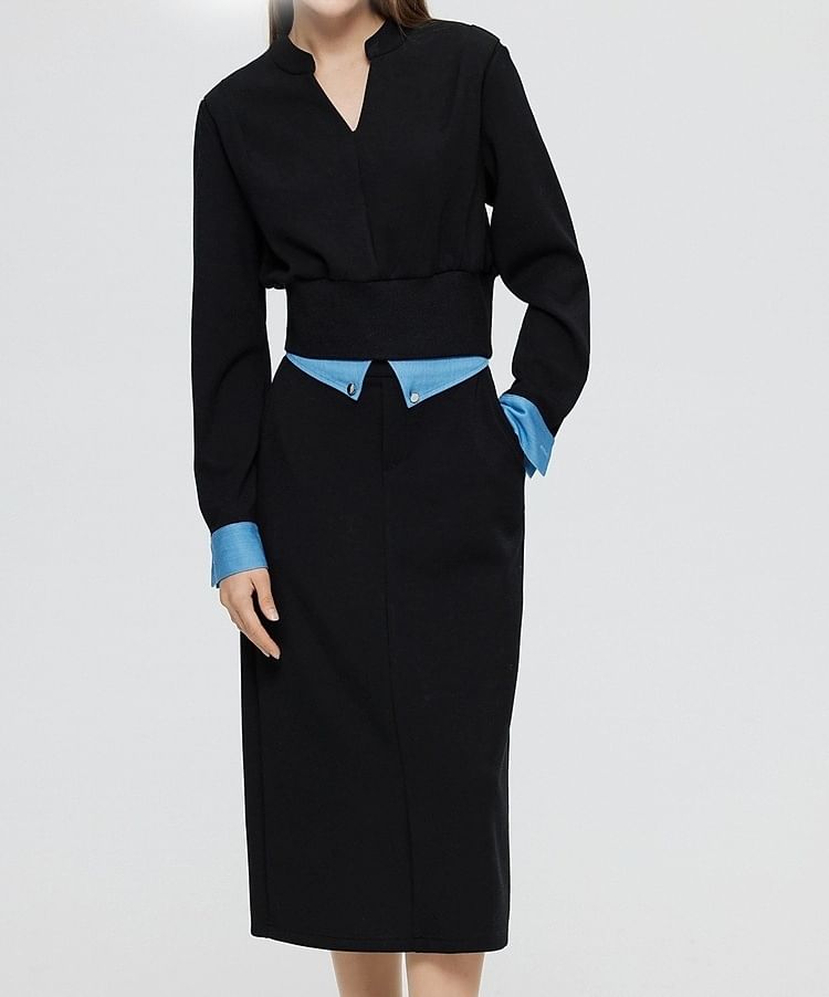Mock Two-Piece Long-Sleeve V-Neck Two Tone T-Shirt / High Rise Midi Pencil Skirt