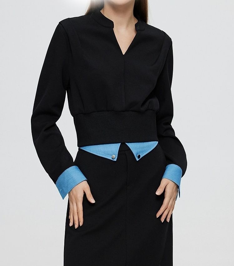 Mock Two-Piece Long-Sleeve V-Neck Two Tone T-Shirt / High Rise Midi Pencil Skirt