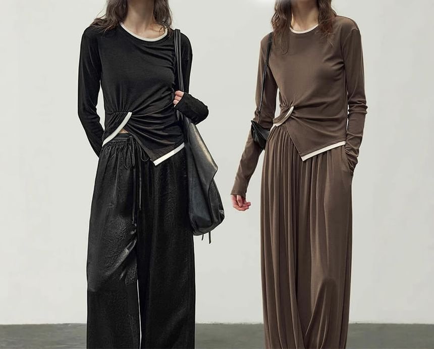 Long-Sleeve Crew Neck Contrast Trim Ruched Asymmetrical Knit Top