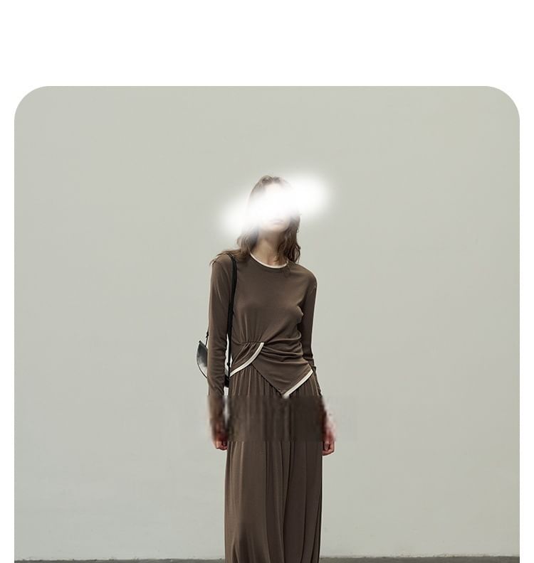 Long-Sleeve Crew Neck Contrast Trim Ruched Asymmetrical Knit Top