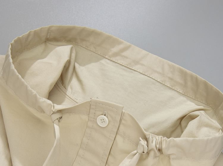 Long-Sleeve Band Collar Plain Drawstring Shirt