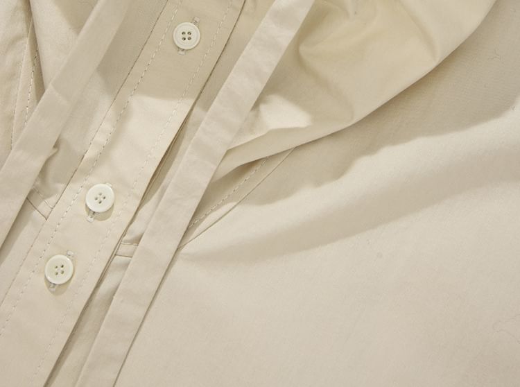 Long-Sleeve Band Collar Plain Drawstring Shirt