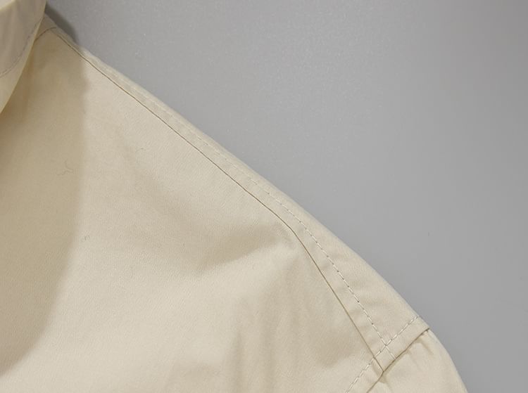 Long-Sleeve Band Collar Plain Drawstring Shirt