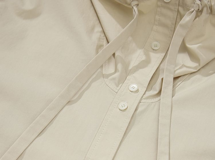 Long-Sleeve Band Collar Plain Drawstring Shirt