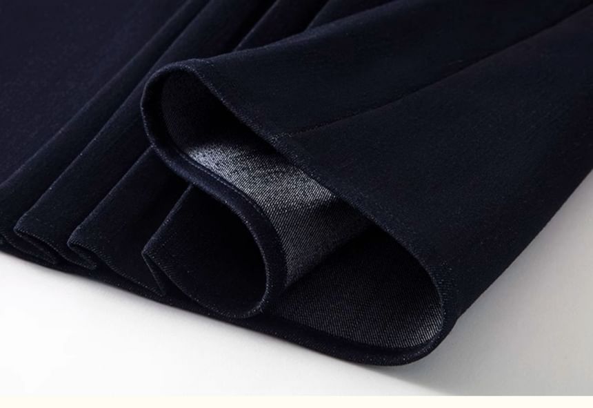 Peak Lapel Denim Double-Breasted Blazer / High Waist Pleated Midi A-Line Skirt