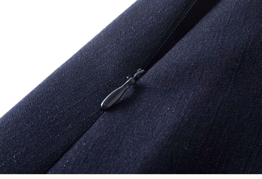 Peak Lapel Denim Double-Breasted Blazer / High Waist Pleated Midi A-Line Skirt