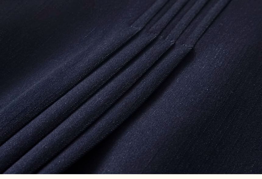 Peak Lapel Denim Double-Breasted Blazer / High Waist Pleated Midi A-Line Skirt