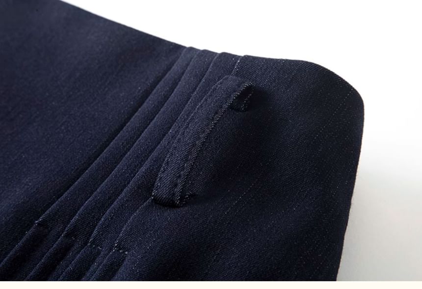 Peak Lapel Denim Double-Breasted Blazer / High Waist Pleated Midi A-Line Skirt