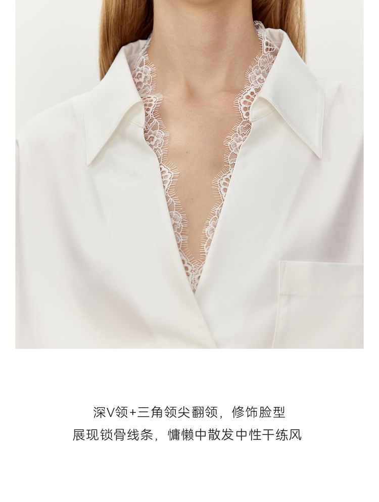 Long-Sleeve V-Neck Plain Lace Trim Shirt