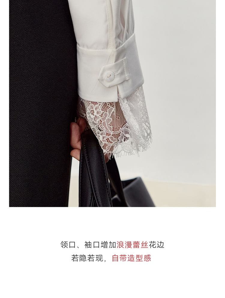 Long-Sleeve V-Neck Plain Lace Trim Shirt