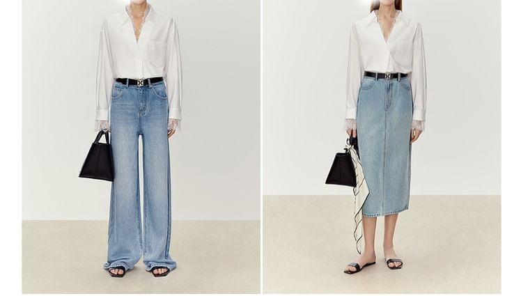 Long-Sleeve V-Neck Plain Lace Trim Shirt