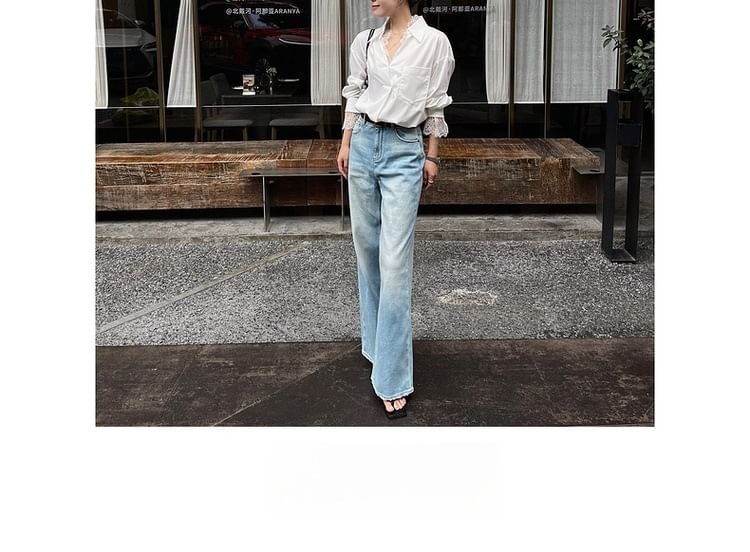 Long-Sleeve V-Neck Plain Lace Trim Shirt