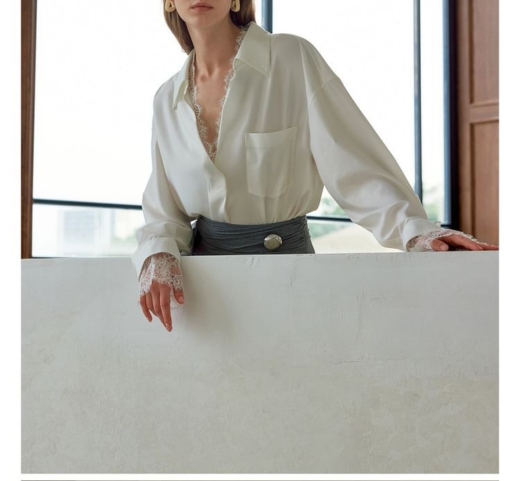 Long-Sleeve V-Neck Plain Lace Trim Shirt