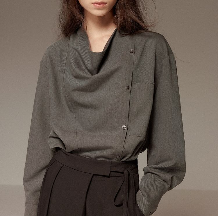 Long-Sleeve Cowl Neck Plain Asymmetrical Button Blouse