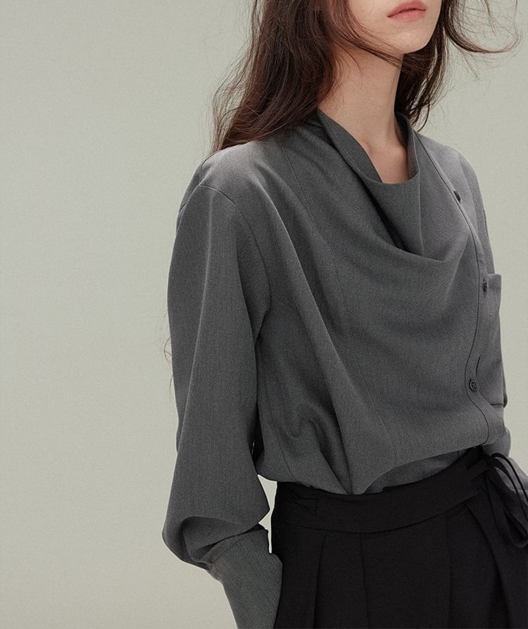 Long-Sleeve Cowl Neck Plain Asymmetrical Button Blouse