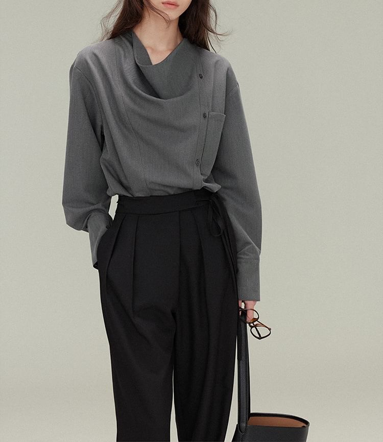 Long-Sleeve Cowl Neck Plain Asymmetrical Button Blouse