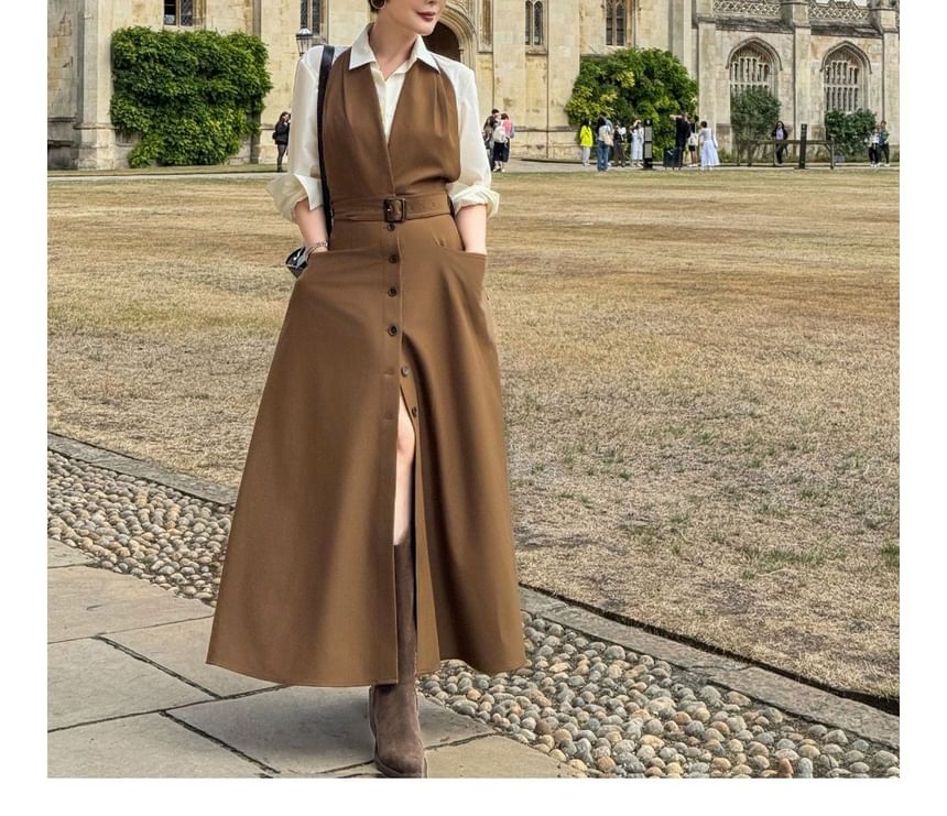 Long-Sleeve Plain Shirt / Halter Belted Button Front Midi A-Line Jumper Dress