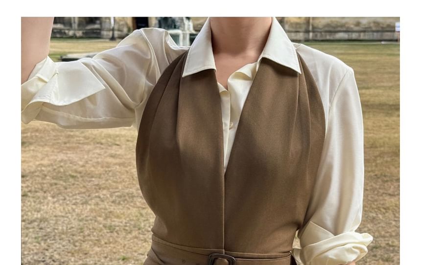 Long-Sleeve Plain Shirt / Halter Belted Button Front Midi A-Line Jumper Dress