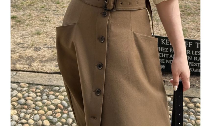 Long-Sleeve Plain Shirt / Halter Belted Button Front Midi A-Line Jumper Dress