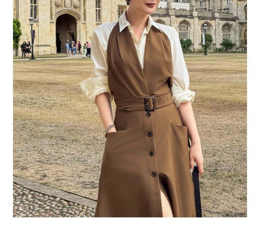 Long-Sleeve Plain Shirt / Halter Belted Button Front Midi A-Line Jumper Dress