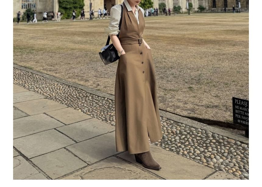 Long-Sleeve Plain Shirt / Halter Belted Button Front Midi A-Line Jumper Dress