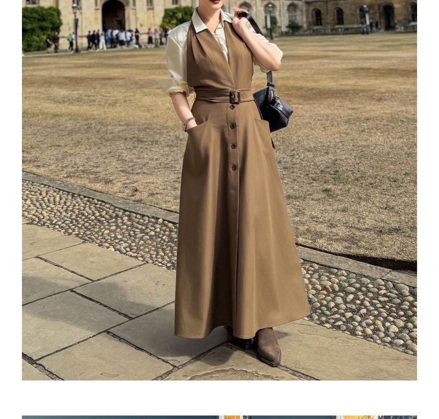 Long-Sleeve Plain Shirt / Halter Belted Button Front Midi A-Line Jumper Dress