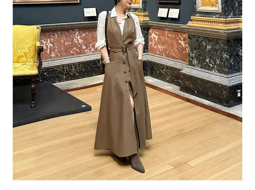 Long-Sleeve Plain Shirt / Halter Belted Button Front Midi A-Line Jumper Dress