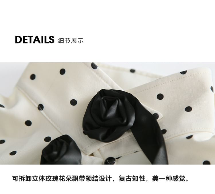 Long-Sleeve Band Collar Dotted Flower Accent Blouse / High Rise Pencil Skirt