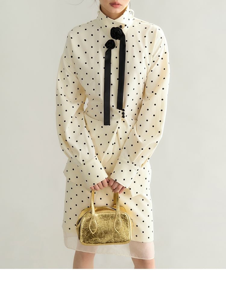 Long-Sleeve Band Collar Dotted Flower Accent Blouse / High Rise Pencil Skirt