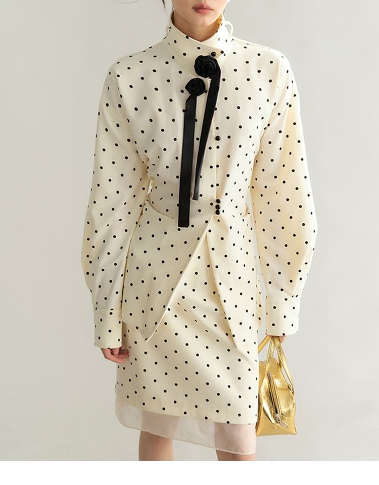 Long-Sleeve Band Collar Dotted Flower Accent Blouse / High Rise Pencil Skirt