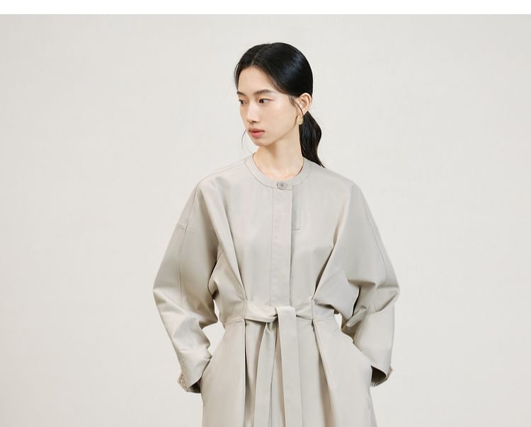 Collarless Plain Midi Sashed Coat