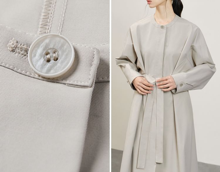 Collarless Plain Midi Sashed Coat