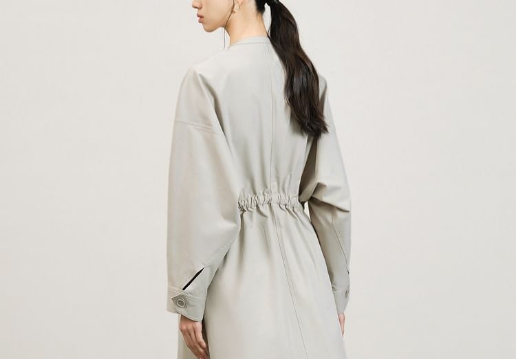 Collarless Plain Midi Sashed Coat