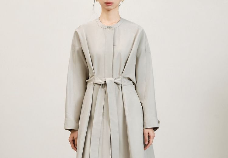 Collarless Plain Midi Sashed Coat