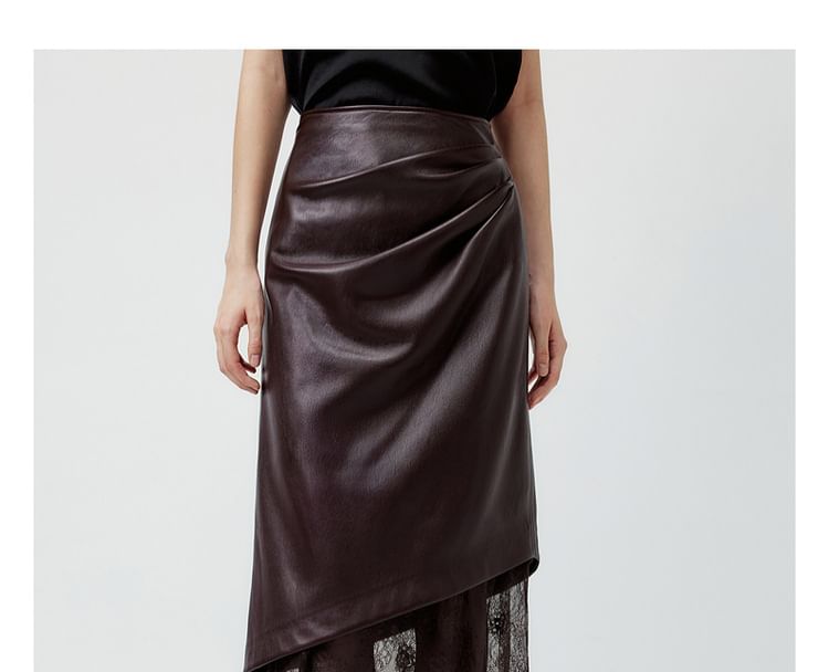 High Waist Plain Lace Panel Faux Leather Midi Pencil Skirt