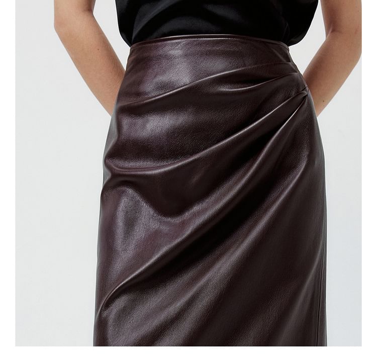 High Waist Plain Lace Panel Faux Leather Midi Pencil Skirt