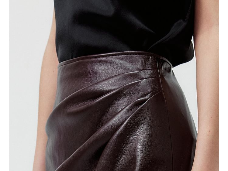 High Waist Plain Lace Panel Faux Leather Midi Pencil Skirt